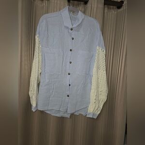 POL Sky Blue Button Down Shirt with Ivory Sleeves
